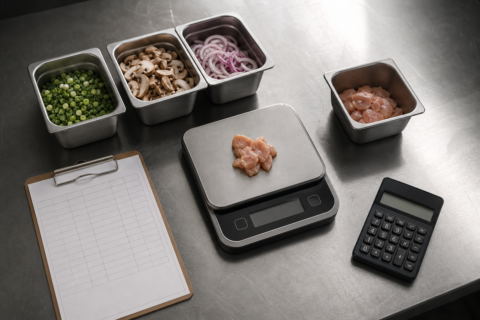 Restaurant prep scale, grouped ingredient containers, calculator and blank variance worksheet arranged for a food cost review.