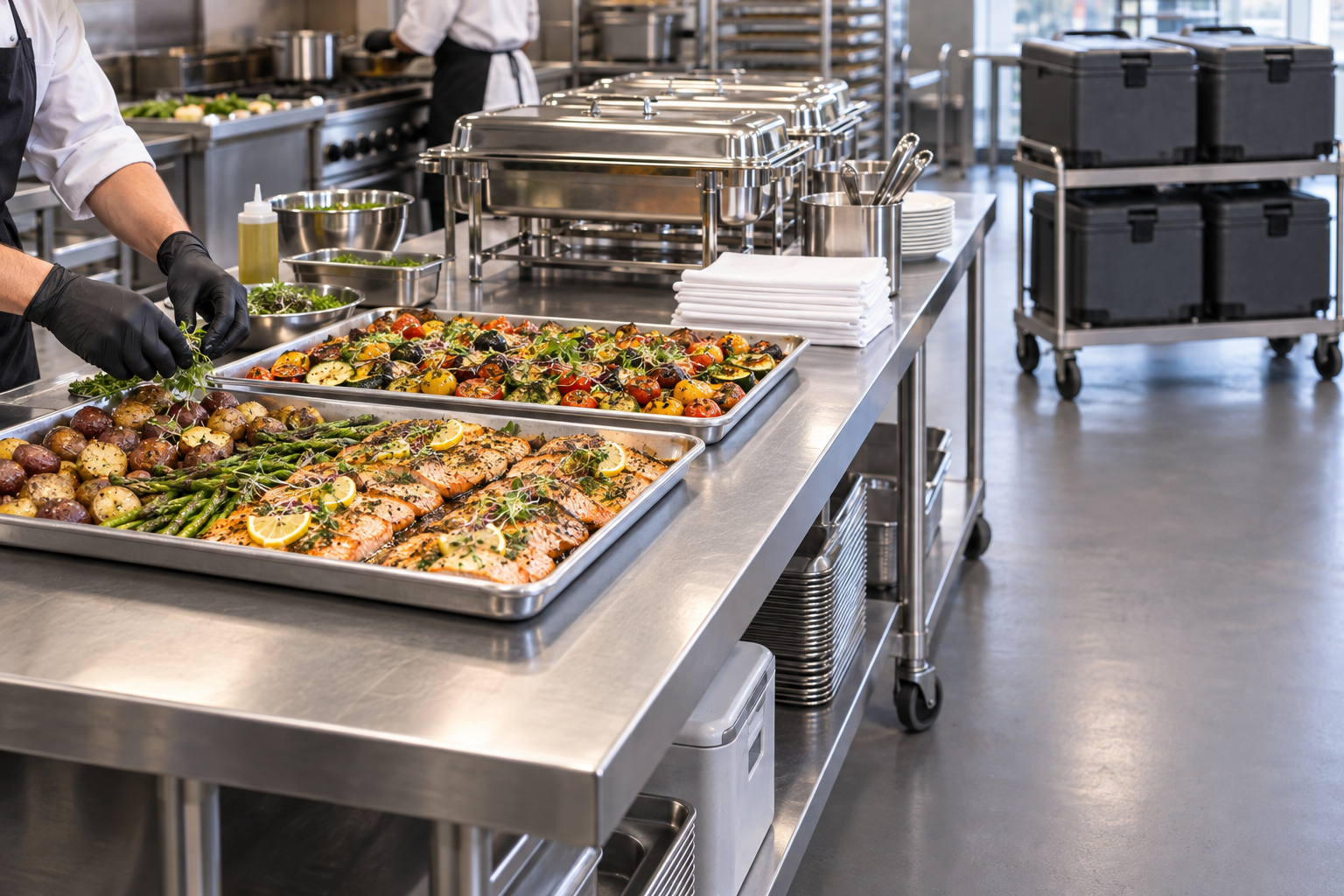 Catering trays, chafing dishes and a transport cart being prepared in a kitchen