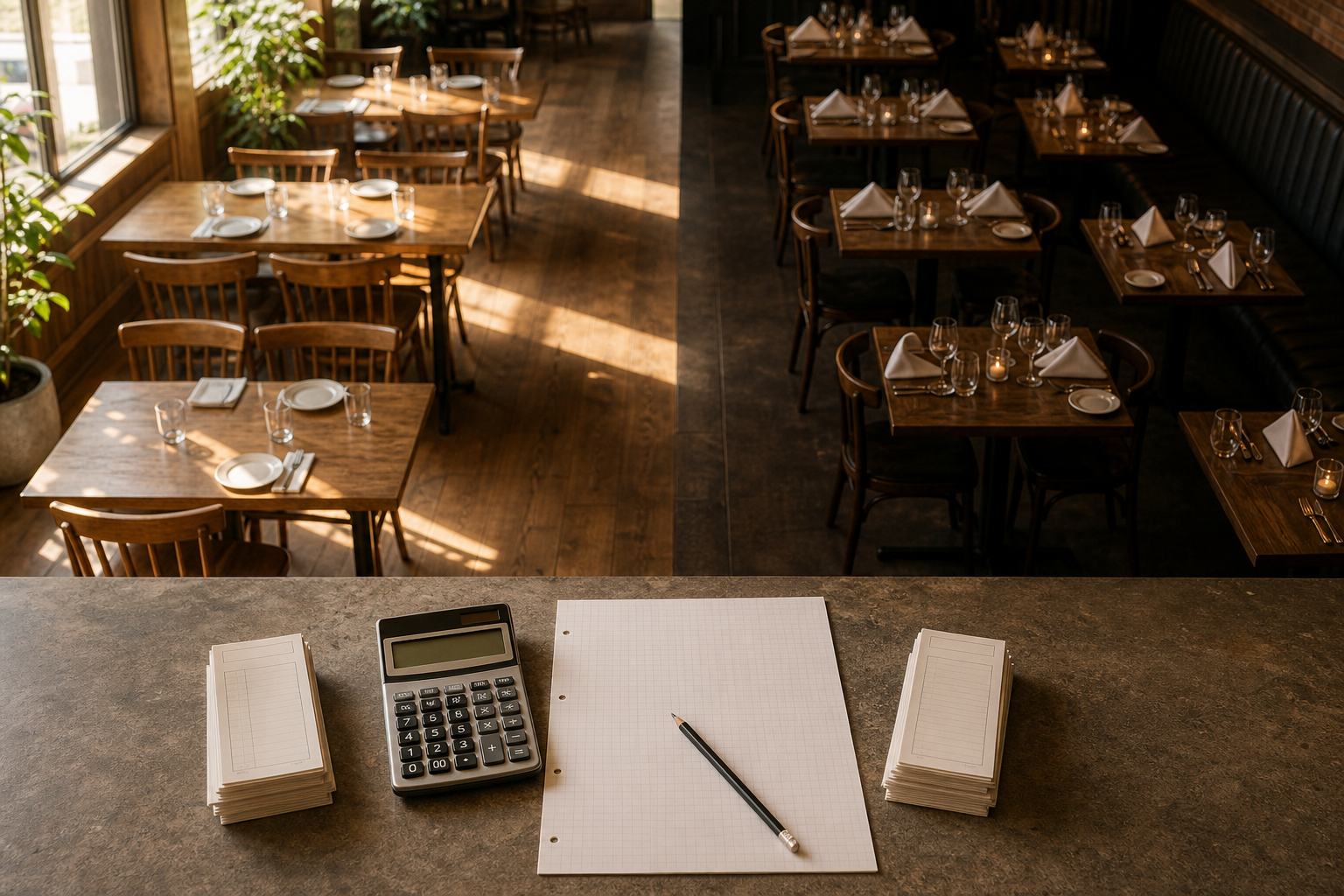 Restaurant tables prepared for lunch and dinner beside a calculator and blank shift-planning sheet.