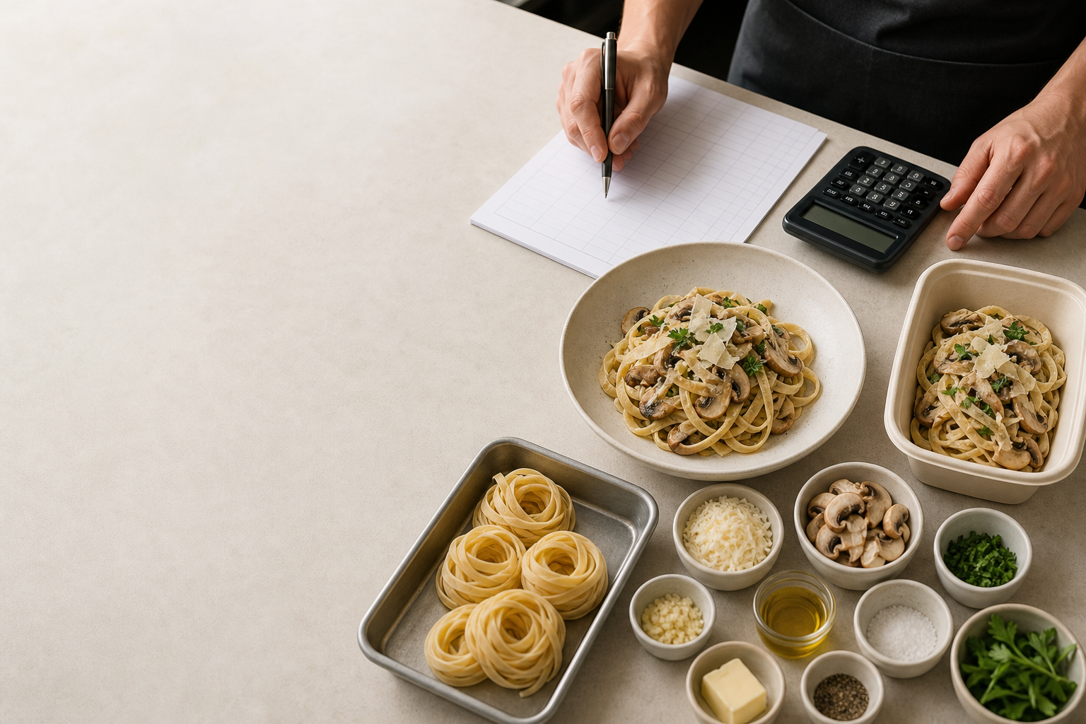 Restaurant operator comparing a pasta dish, ingredient portions and a blank contribution worksheet at a service counter