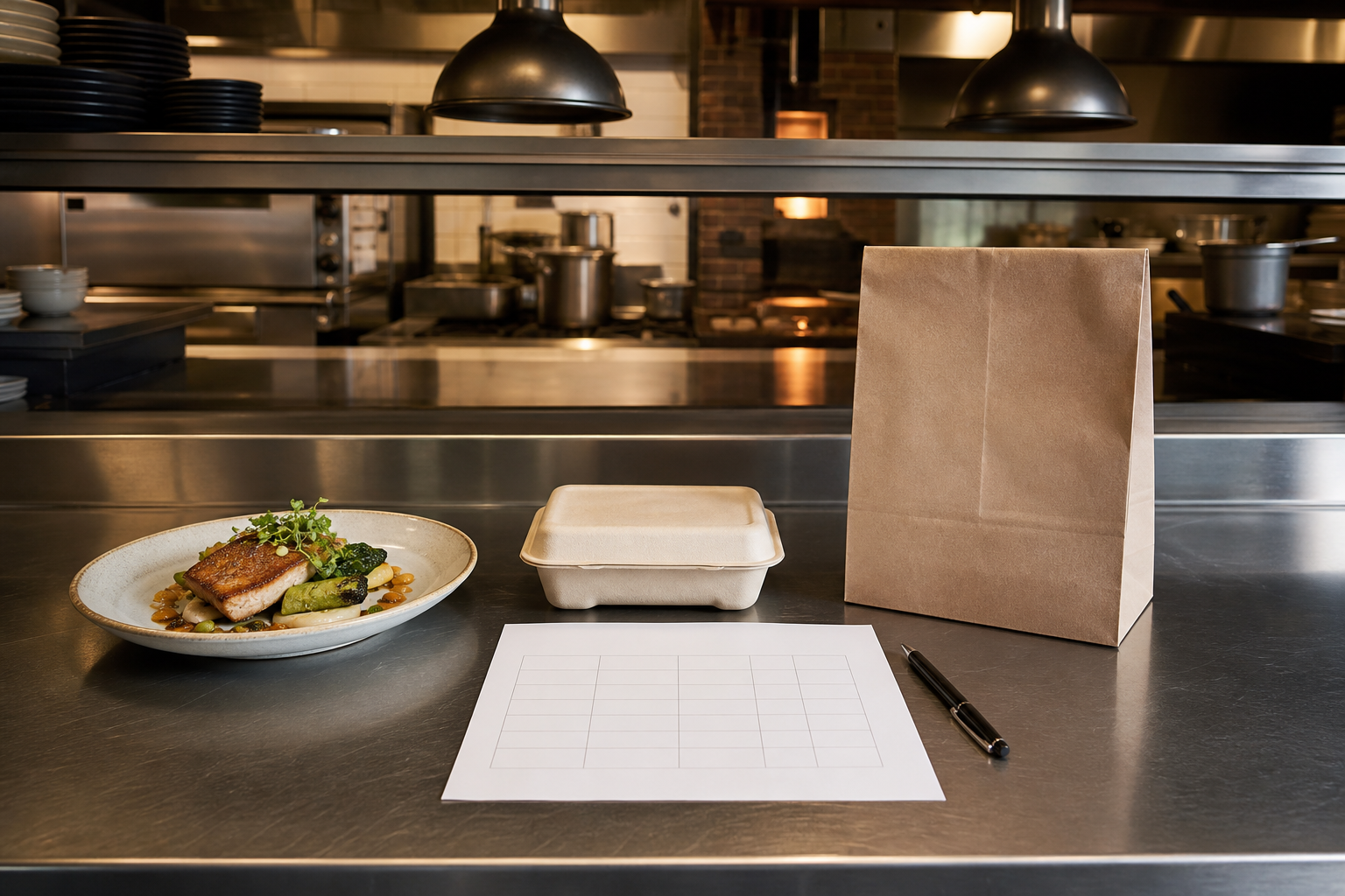 Dine-in plate, pickup container and delivery bag arranged on a restaurant pass beside a blank worksheet