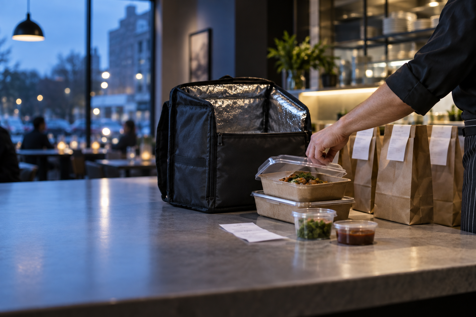 Courier bag and packed delivery order being checked on a restaurant counter