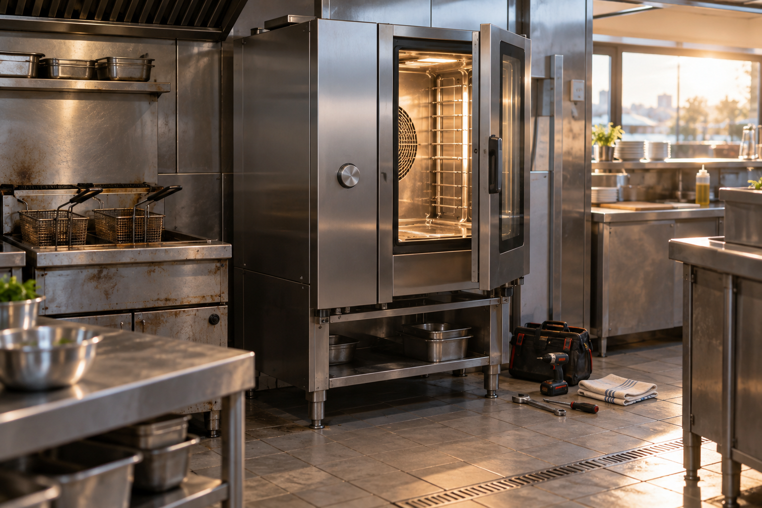 Newly installed commercial combi oven in a restaurant kitchen