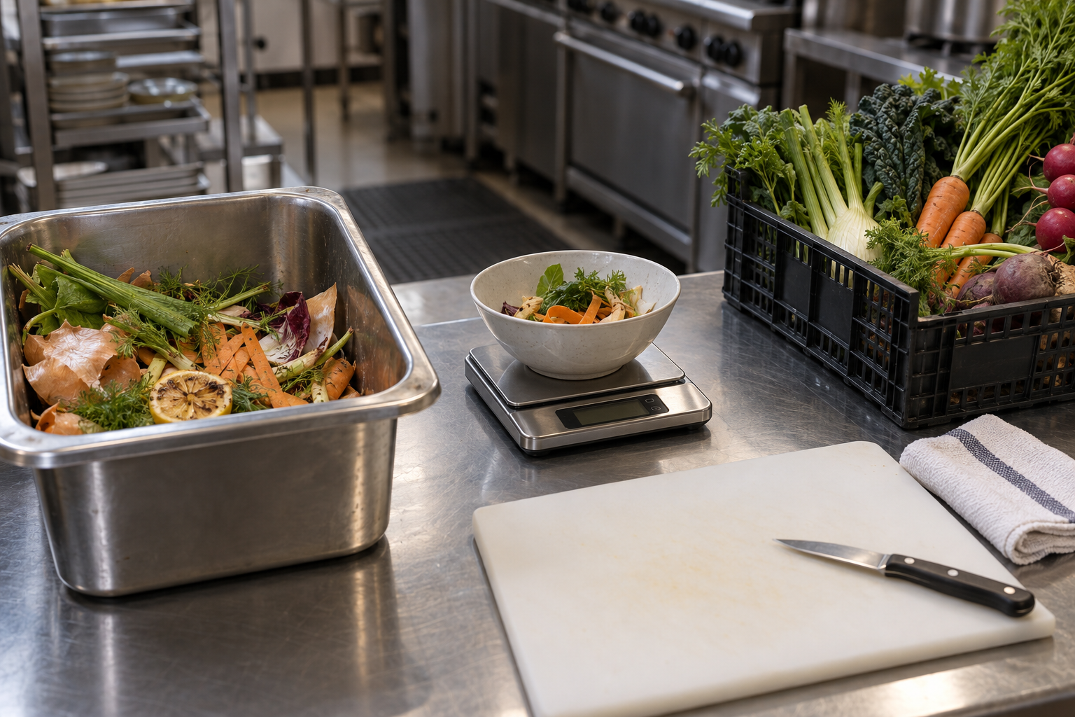 Kitchen prep counter with a scale, a bowl of trimmings and a waste bin at the end of service