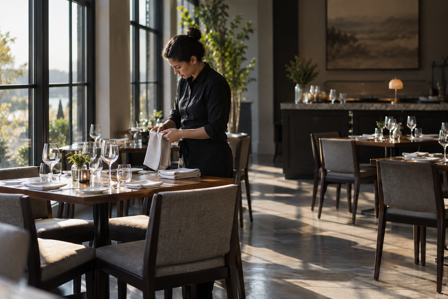 Server folding napkins in a quiet dining room between service periods
