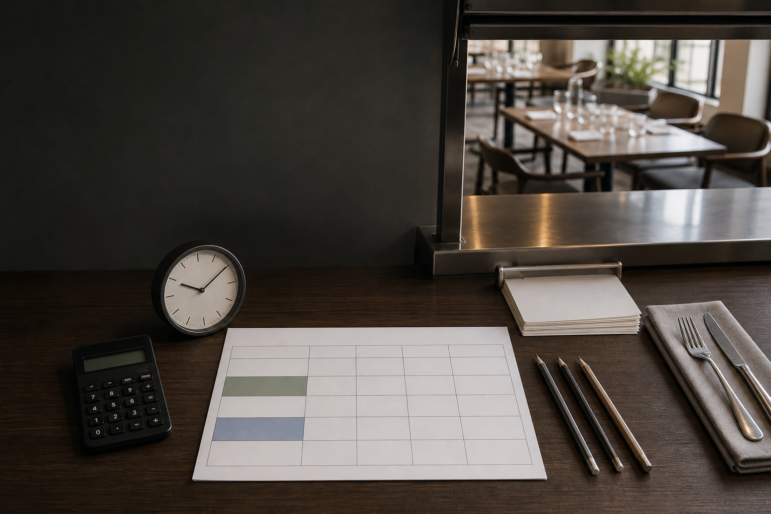Conceptual overhead view of a restaurant manager's weekly labour-planning desk with a calculator, clock, and blank daypart worksheet.