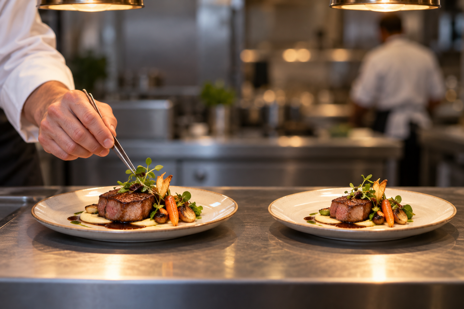 Two plated portions of the same dish side by side on a kitchen pass