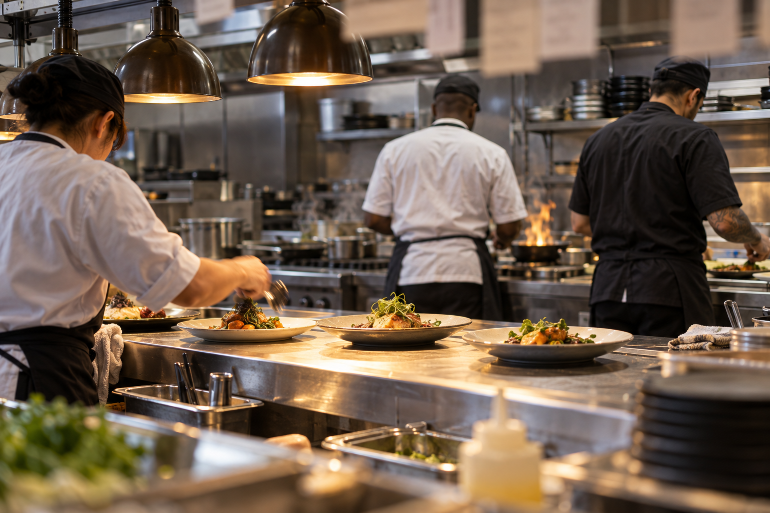 Kitchen team plating dishes on the line during a busy service