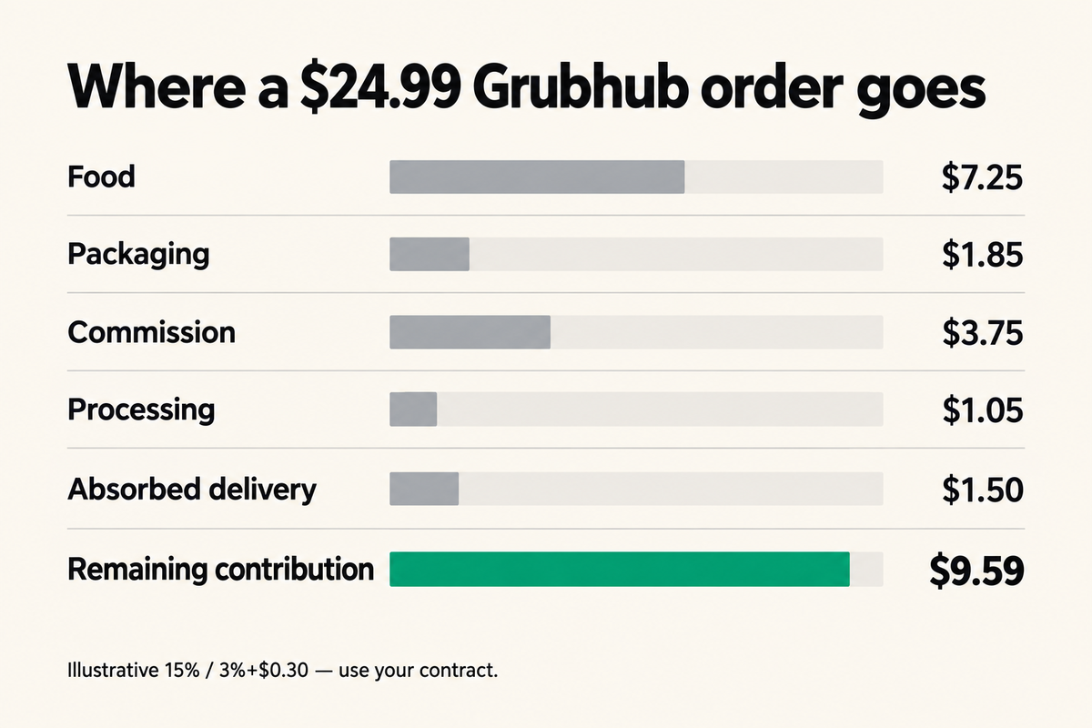 Stacked breakdown of a $24.99 Grubhub order showing $7.25 food cost, $1.85 packaging, $3.75 commission, $1.05 processing, $1.50 absorbed delivery fee, and $9.59 contribution before labor using illustrative rates