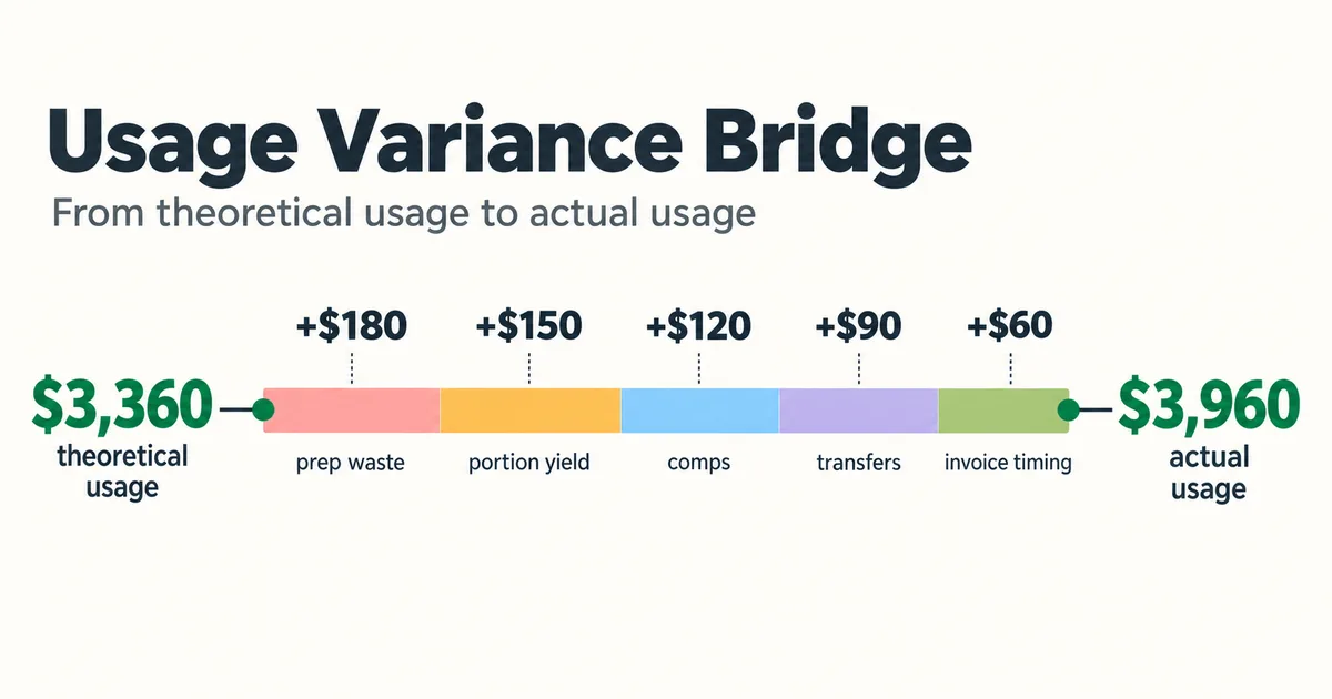 Weekly theoretical vs actual food cost variance bridge showing $600 gap