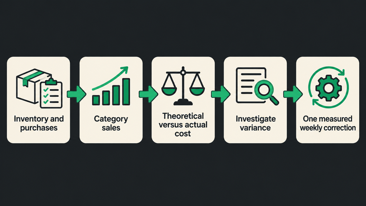 Weekly bar cost-control cycle from inventory and sales data to variance review.