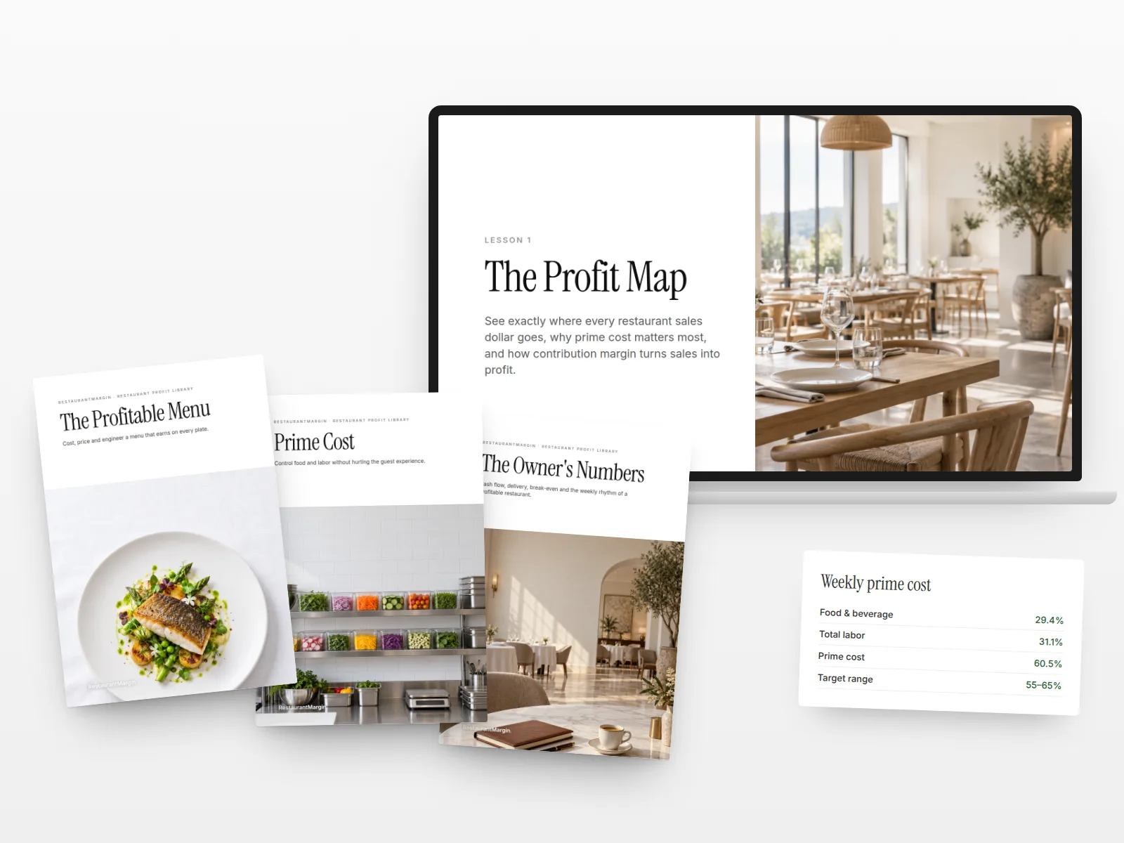 The Restaurant Profit Library: three books, the Academy lessons on a laptop and the Excel toolkit