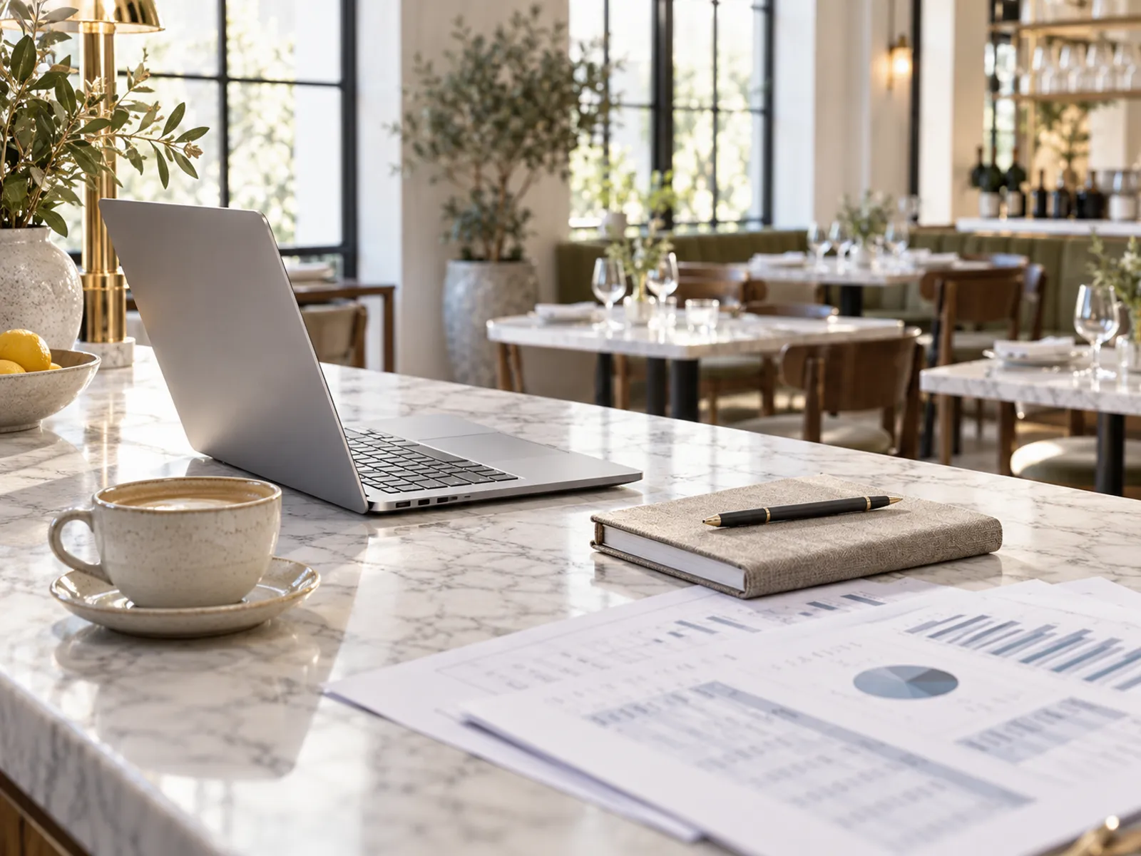 Restaurant owner workspace with laptop and printed spreadsheets